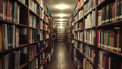 Library aisle with tall bookshelves