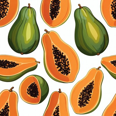 Papaya pattern with whole and sliced fruit