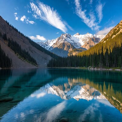 Mountain lake with snow peaks reflection