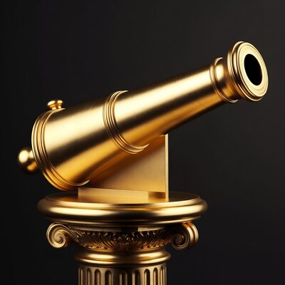 Golden telescope on ornate pedestal