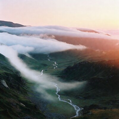 Mountain valley with river and clouds