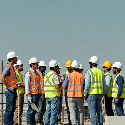 Construction workers meeting at site