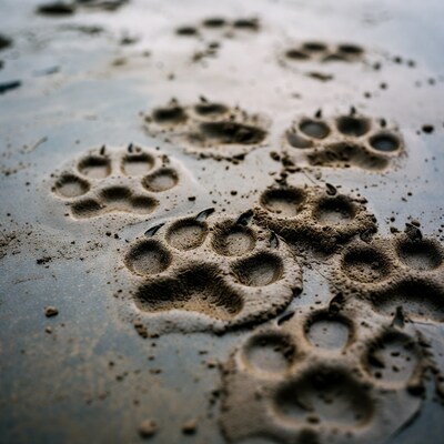 Animal paw prints in mud