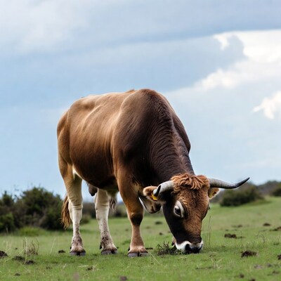 Brown cow grazing in field