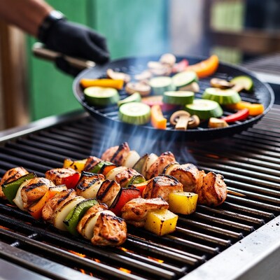 Grilled chicken and vegetable skewers