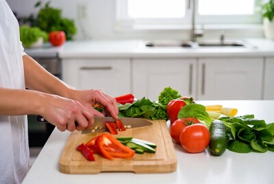 Woman chopping vegetables on cutting board