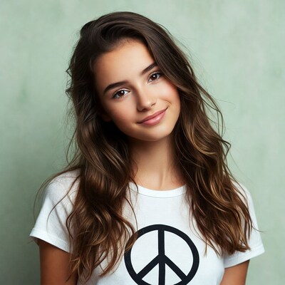 Young woman with peace sign shirt