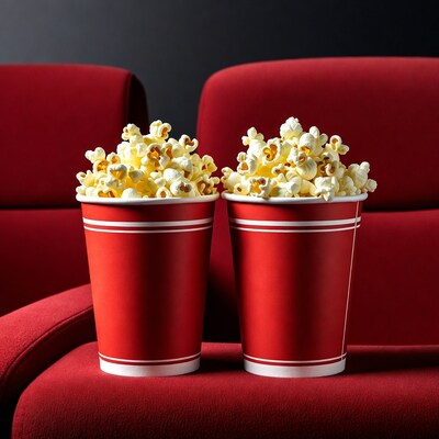 Two popcorn buckets on red theater seats