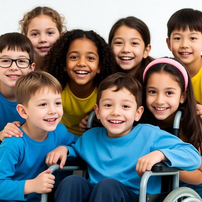 Diverse children smiling with wheelchair