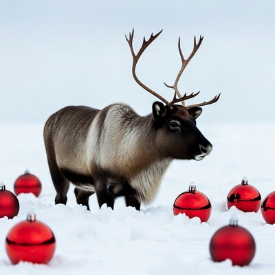Reindeer standing in snow with red ornaments