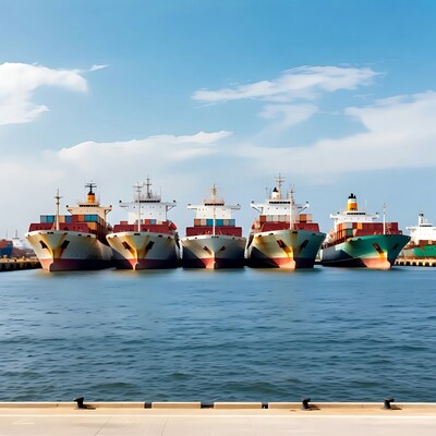 Cargo ships docked at harbor