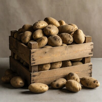 Potatoes in wooden crate