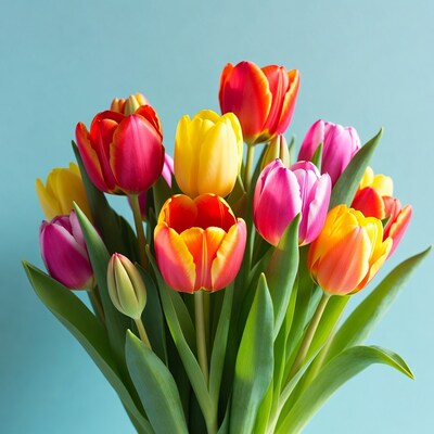 Colorful tulips bouquet on blue background