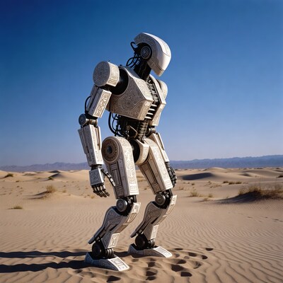 Robot standing in desert
