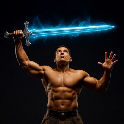 Muscular man holding glowing sword