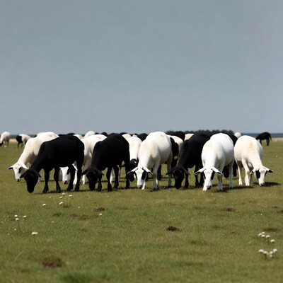 Flock of sheep grazing in field