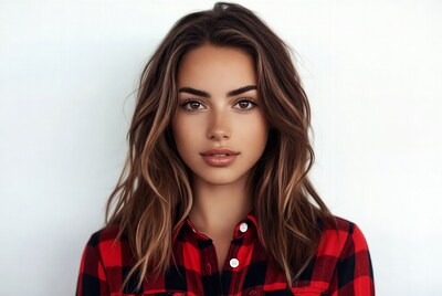 Woman in red plaid shirt