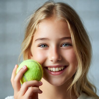 Smiling girl holding tennis ball