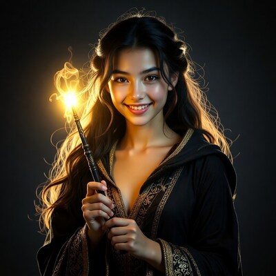 Young woman holding glowing wand