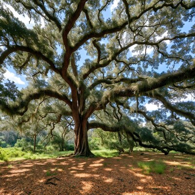 Large oak tree with mossy branches