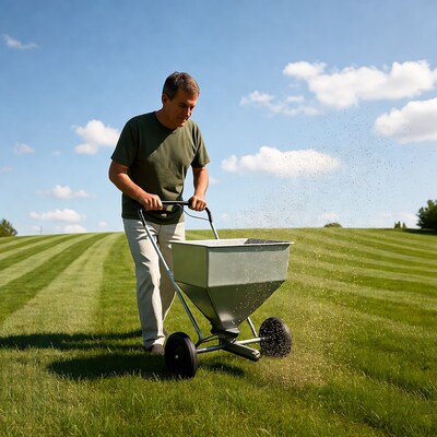 Man spreading fertilizer on lawn