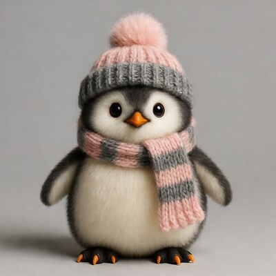 Penguin in pink winter hat