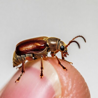 Beetle on human finger