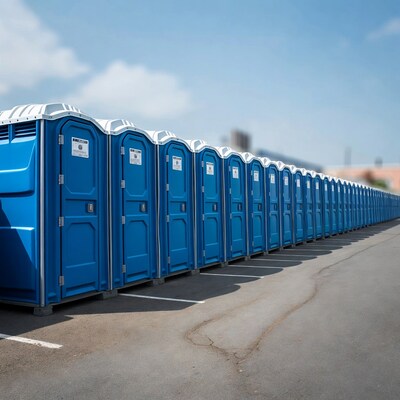 Row of blue portable toilets