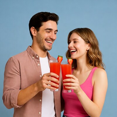 Couple toasting with strawberry drinks