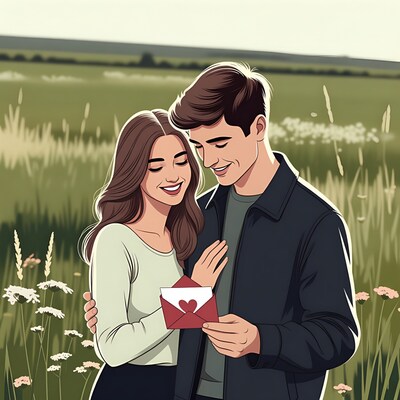 Couple reading love letter in field