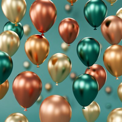 Colorful metallic balloons on teal background