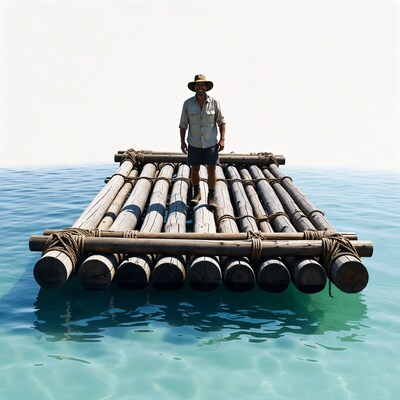 Man standing on wooden raft