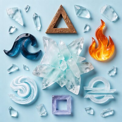 Elemental symbols with crystals and fire