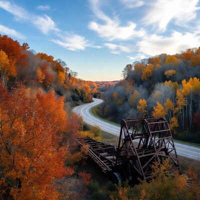 Autumn Road with Rusty Bridge