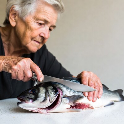 Elderly woman filleting a fish