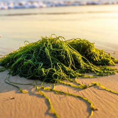 Green seaweed on sandy beach