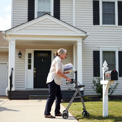 Elderly woman with walker near house