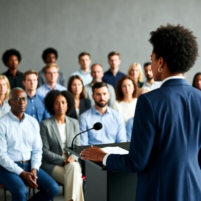 Woman speaking at podium to audience