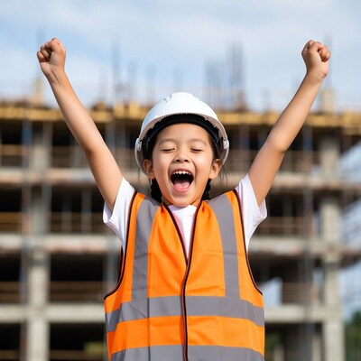 Girl cheering at construction site