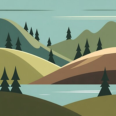 Stylized landscape with mountains and lake