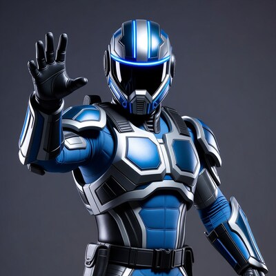 Futuristic armored warrior in blue suit