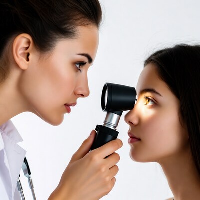 Doctor examining patient eye with ophthalmoscope