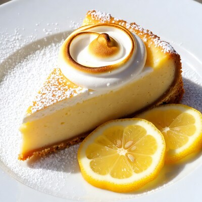 Lemon meringue pie slice with lemons