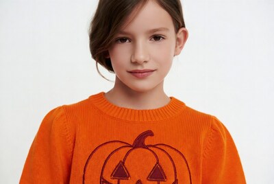 Girl in orange pumpkin sweater