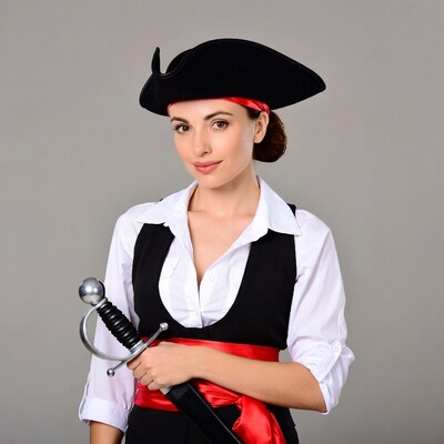 Woman in pirate costume holding sword