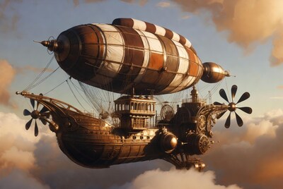 Steampunk airship flying above clouds