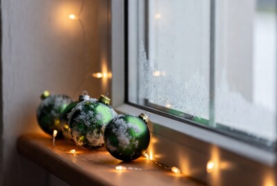 Green Christmas ornaments on windowsill