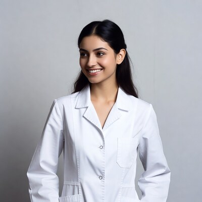 Smiling woman in white lab coat