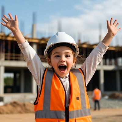 Excited girl at construction site