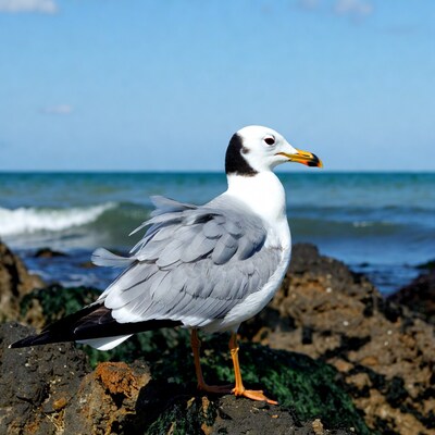 Seagull standing on rocky shore